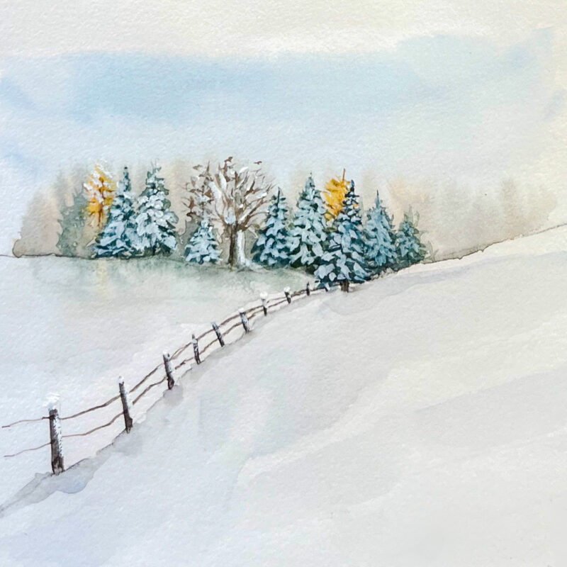 Carte imprimée tirée d‘une aquarelle représentant un paysage enneigé, des sapins et une clôture