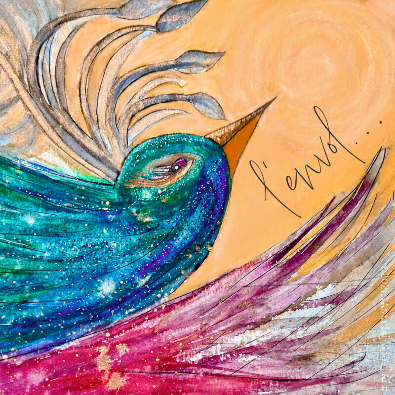 Carte imprimée tirée d‘une aquarelle représentant un oiseau et le texte „l‘envol“