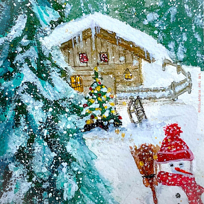 Carte imprimée tirée d‘une aquarelle représentant un paysage enneigé, un chalet, un bonhomme de neige, des sapins et une luge