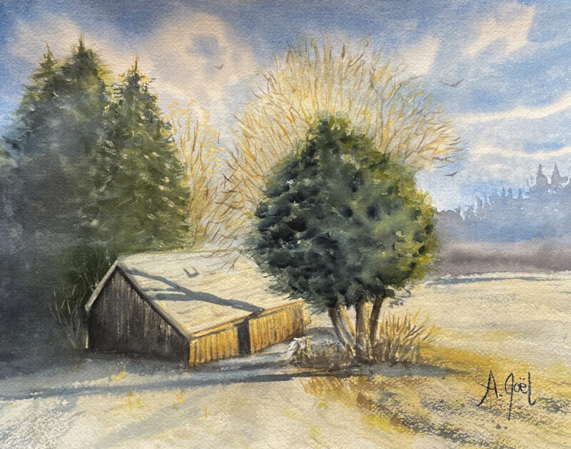 Aquarelle originale représentant une grange dans un paysage enneigé éclairée par le soleil