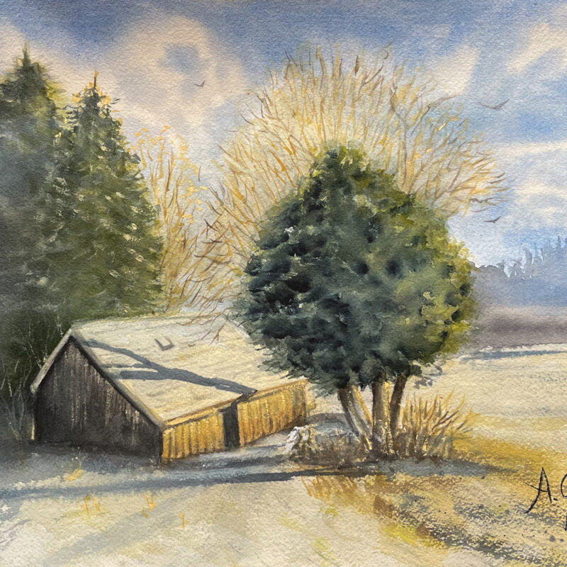 Aquarelle originale représentant une grange dans un paysage enneigé éclairée par le soleil