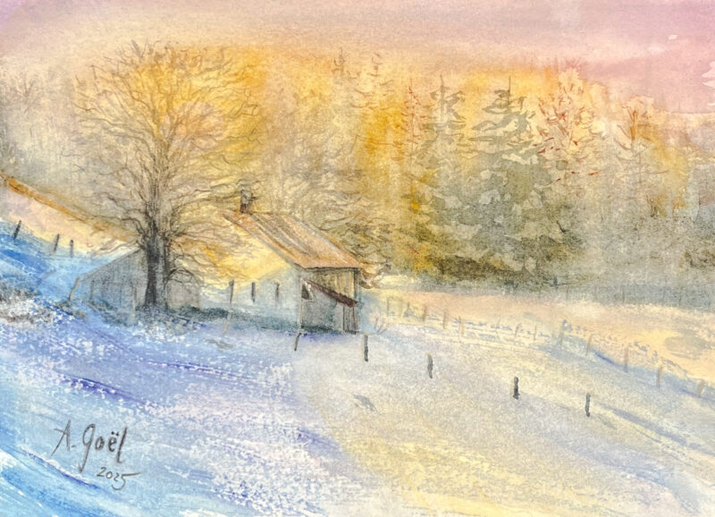Aquarelle du chalet de la Languetine au-dessus de Lignerolle, dans un paysage enneigé au soleil couchant.