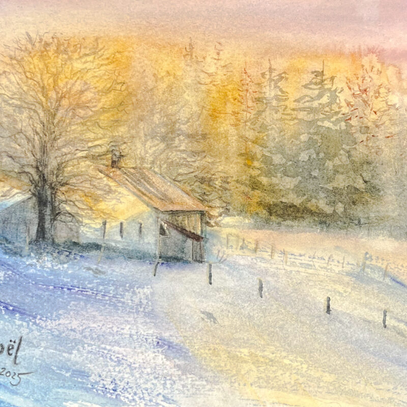 Aquarelle du chalet de la Languetine au-dessus de Lignerolle, dans un paysage enneigé au soleil couchant.