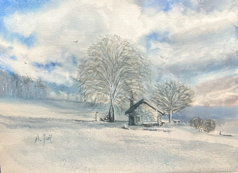 Aquarelle originale, représentant la cabane « du p’tit Bernard » dans un paysage enneigé et entourée de deux arbres