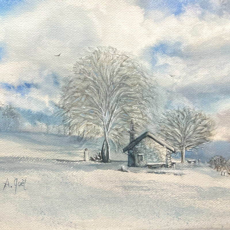 Aquarelle originale, représentant la cabane « du p’tit Bernard » dans un paysage enneigé et entourée de deux arbres