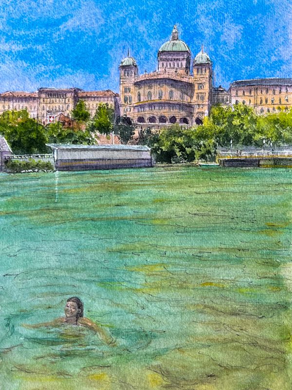 Aquarelle, Palais fédéral Berne et baigneuse dans la rivière