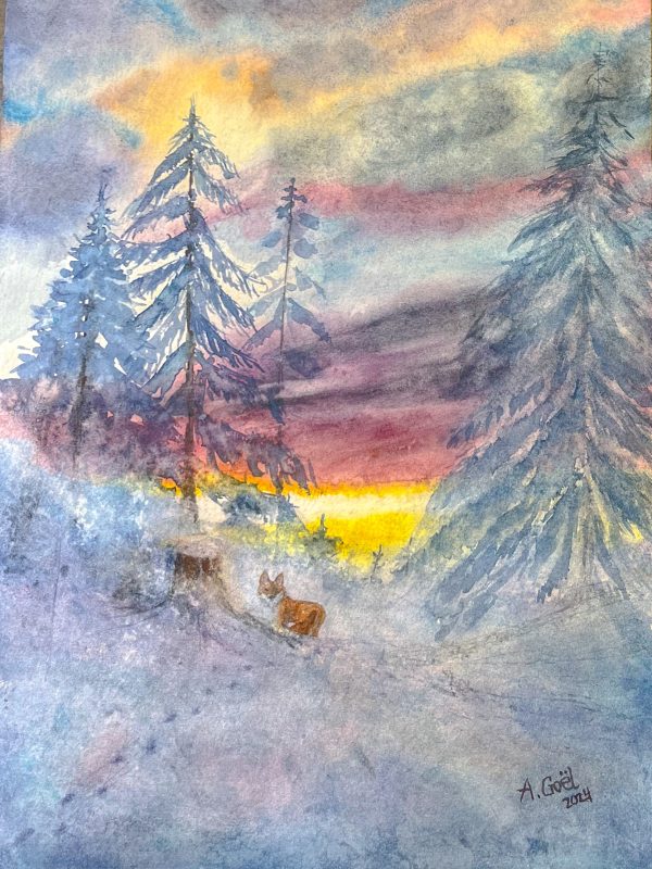 Aquarelle, renard dans la forêt au coucher de soleil
