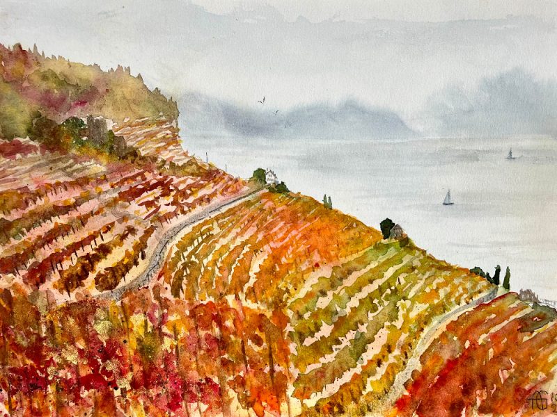 Aquarelle originale de vignes en terrasse et lac à Lavaux