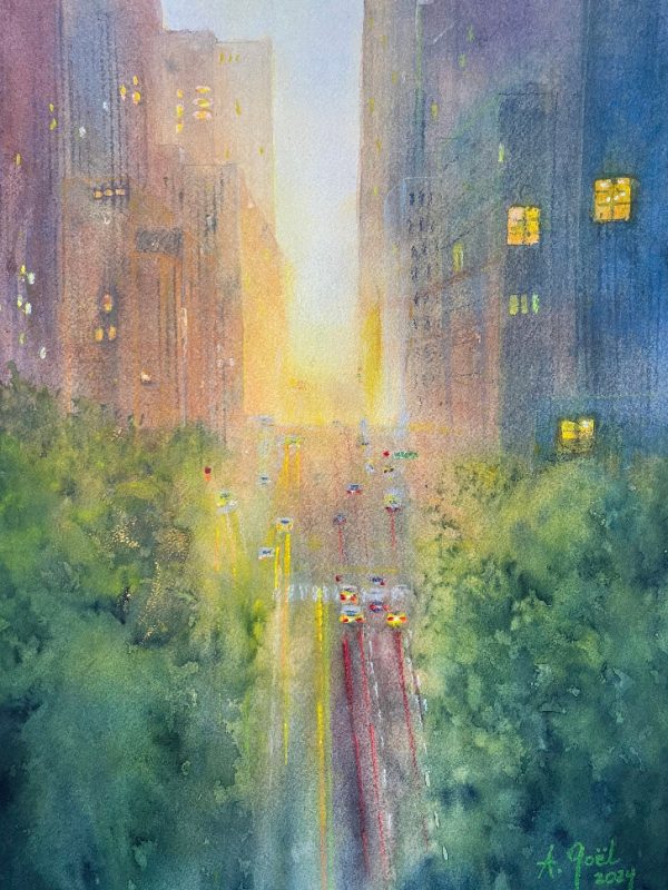 Aquarelle, lever de soleil sur Manhattan, New-York