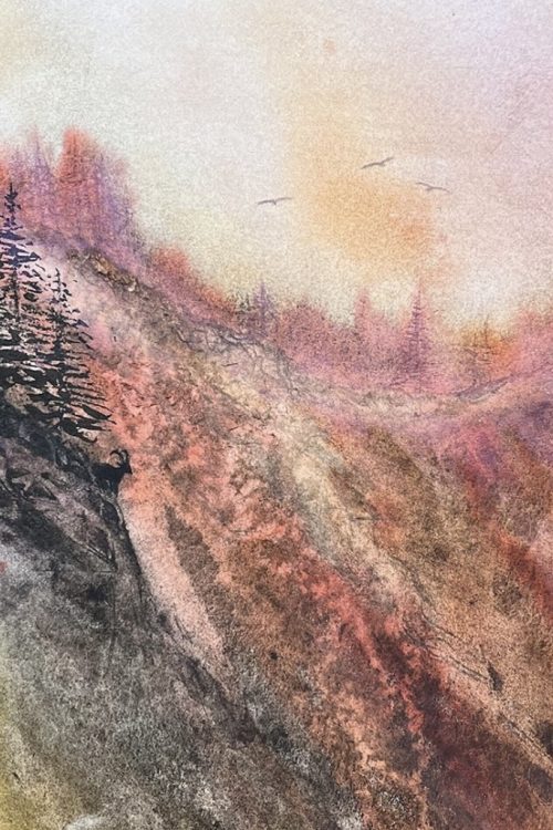 Aquarelle, paysage de falaises et sapins à l'aube