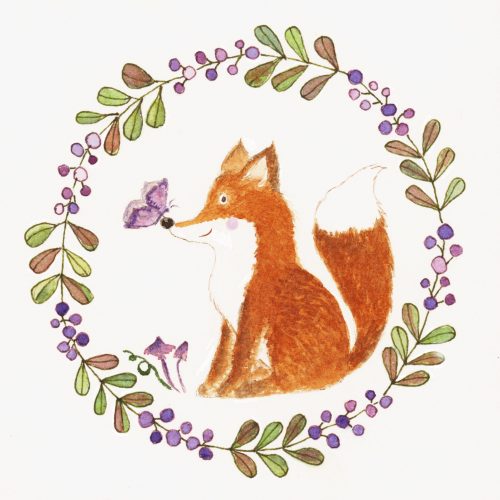 Affiche tirée d'une aquarelle représentant un renard avec un papillon posé sur sa truffe, entourés d'une couronne de feuillage