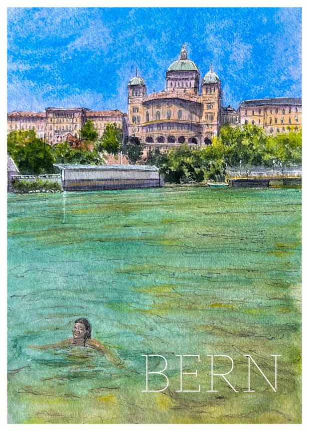 Affiche tirée d'une aquarelle représentant le Palais fédéral de Berne et une baigneuse dans la rivière l'Aar